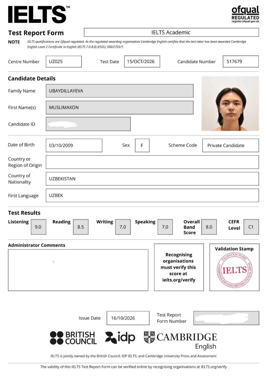 IELTS Overall Band Score 8.0 certificate (3rd attempt, 2026)